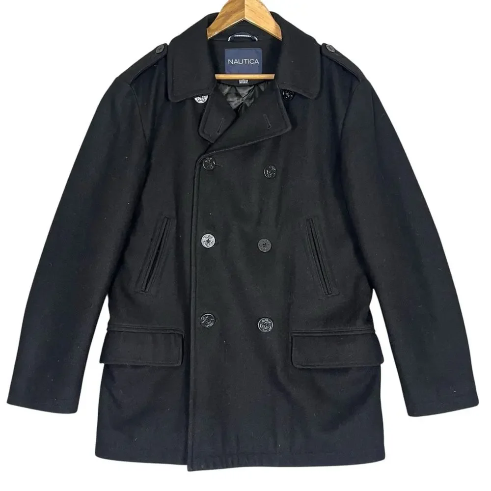 Wool Peacoat Men Medium Double Breasted Fisherman Nautical Classic Black Anchor